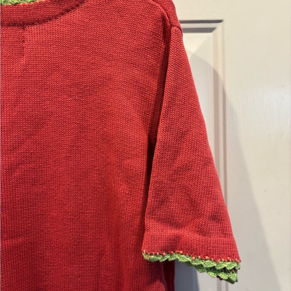 Quacker Factory Coral Knit Sweater with Green Trim and pretty beaded pelicans. L - Picture 5 of 5